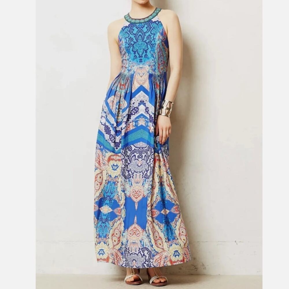 Anthropologie Ranna Gill Boteh dress 2 beaded embroidered blue halter maxi dress